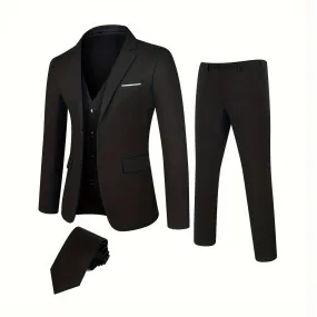 [3Pcs Solid Color Suit Set] TweedLad 3Pcs Men's Solid Color Suit Set, Slim Fit Business Style 2-Button Lapel Blazer With Decorative Handkerchief Pocket And Suit Trousers, Formal Dress