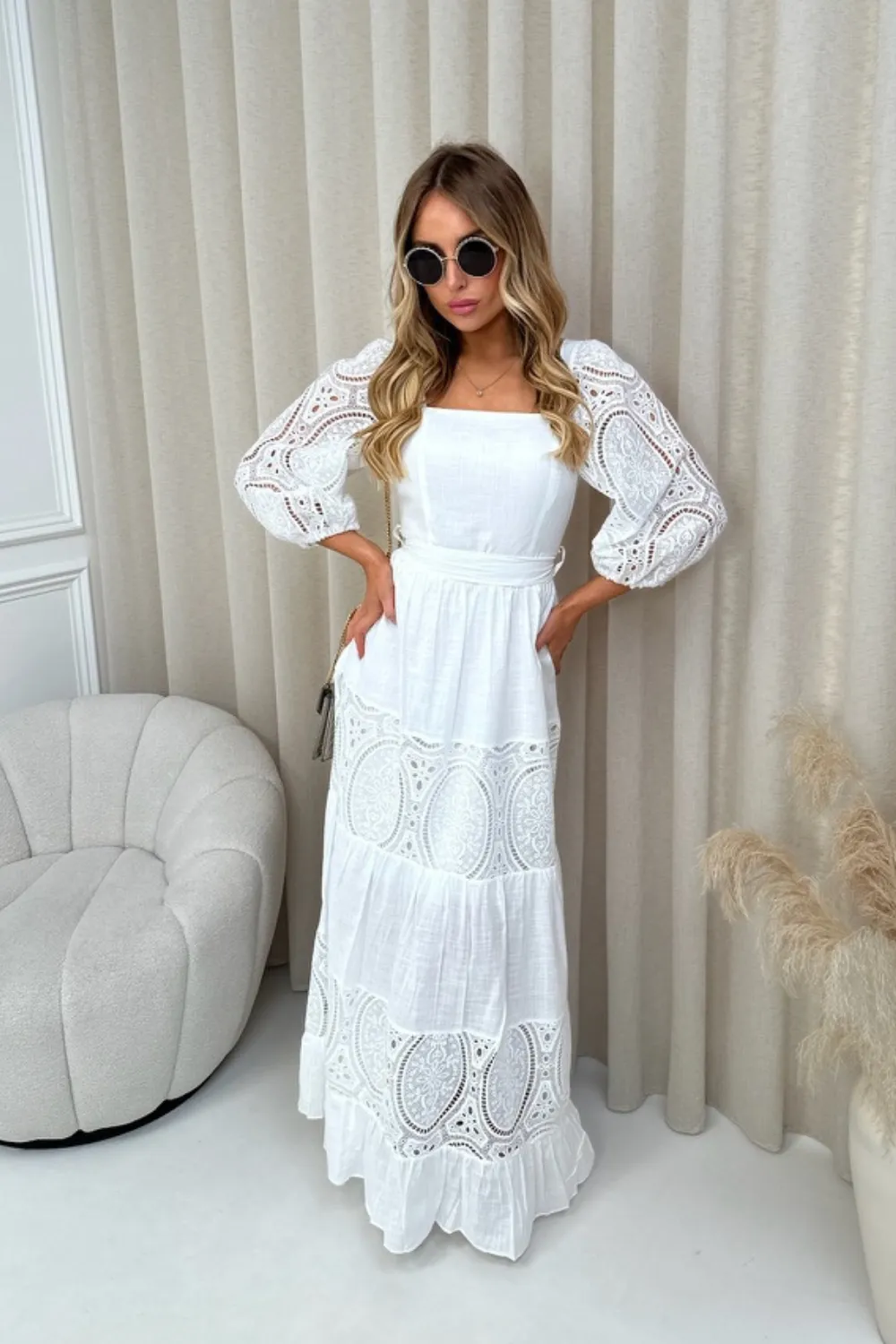 Abigail white broderie anglaise puff sleeve maxi dress