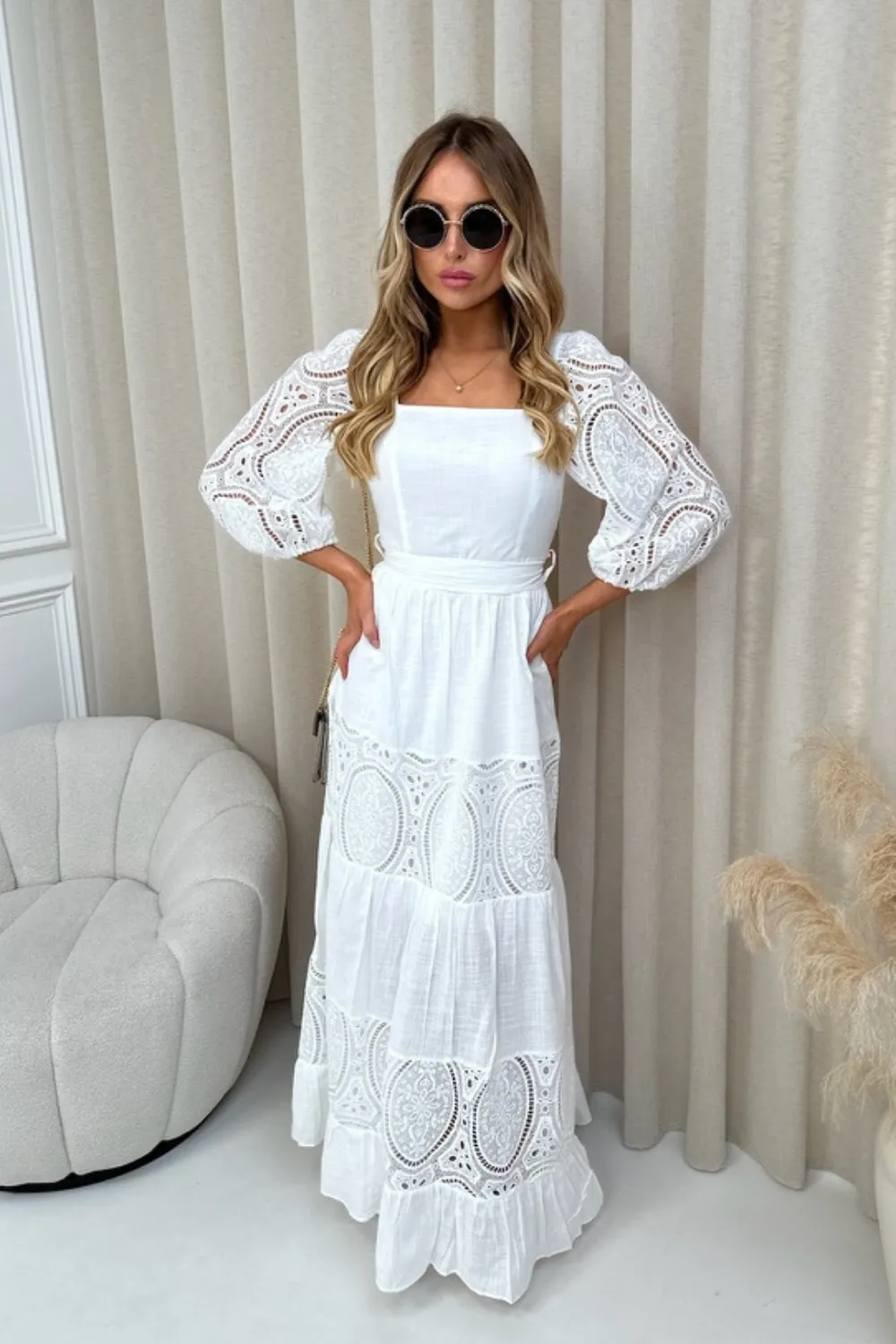 Abigail white broderie anglaise puff sleeve maxi dress