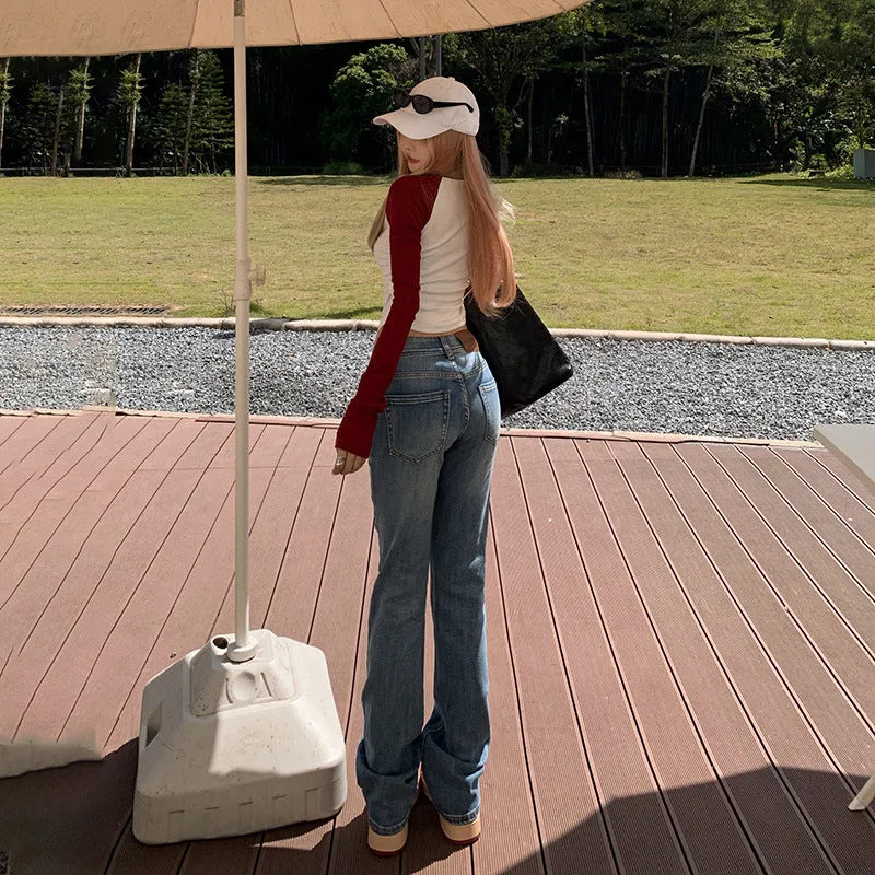 Aiertu y2k outfits Autumn and Winter American Retro Hot Girl Low Waist Flared Pants Simple Slim Slimming Stretch Jeans