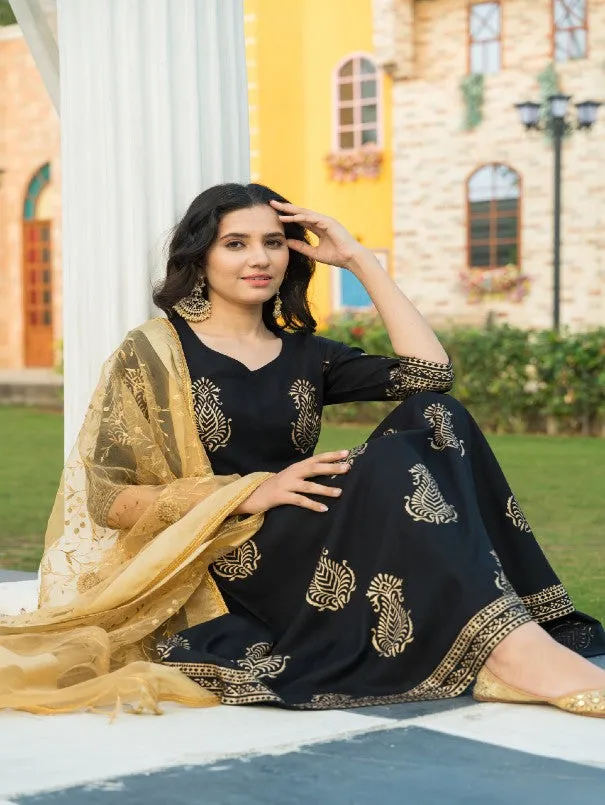 Black & Gold Handblock Printed Rayon Flared Kurta Set (Set of 3)