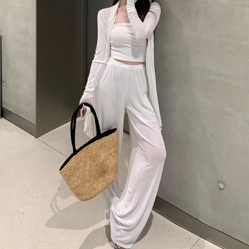 Elastic Vest Wide-Leg Pants Long-Sleeved Cardigan Set