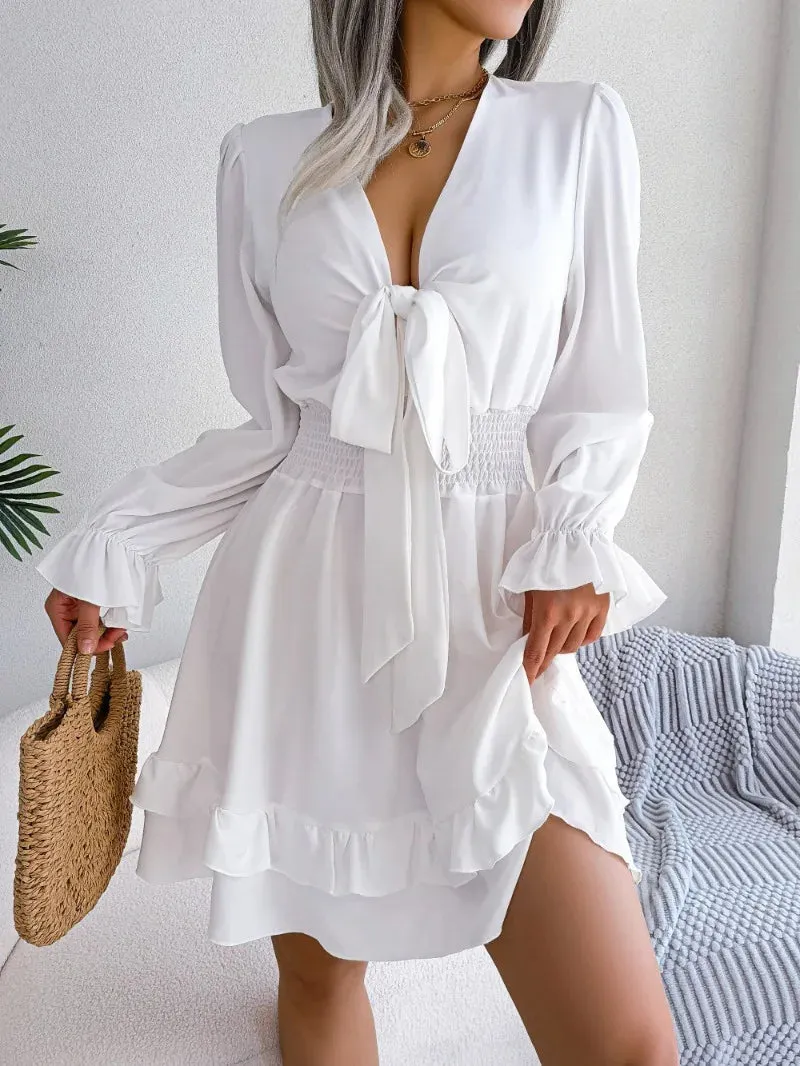 Elegant Flare Sleeves Summer Women's Casual Lace-Up Bow Mini Dress