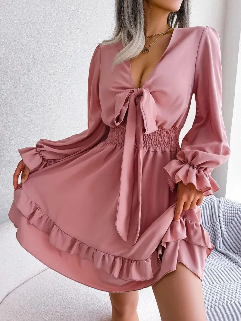 Elegant Flare Sleeves Summer Women's Casual Lace-Up Bow Mini Dress