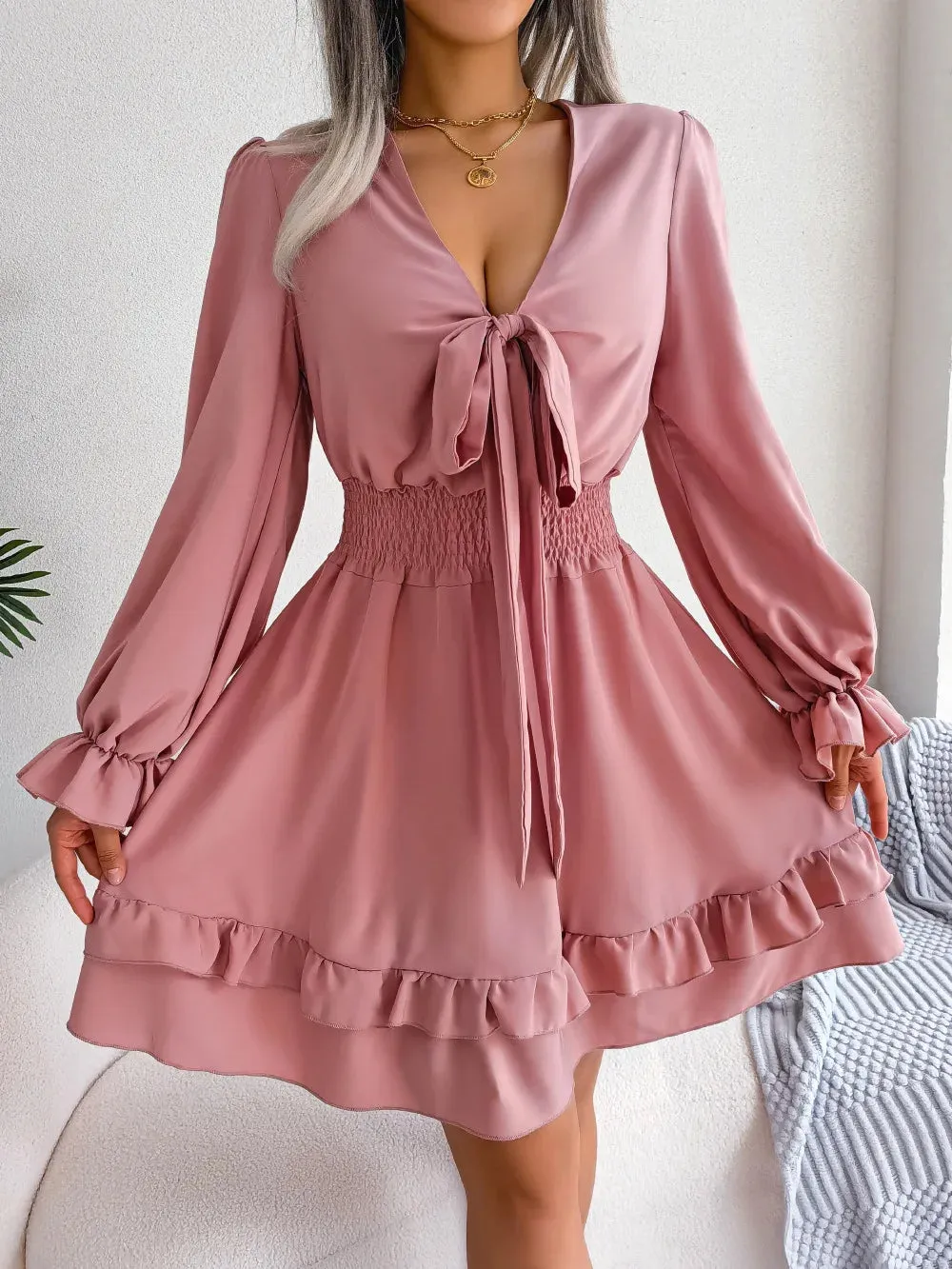 Elegant Flare Sleeves Summer Women's Casual Lace-Up Bow Mini Dress