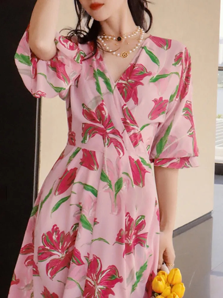 Elegant Printing Dresses For Women V Neck Flare Sleeve Tunic Patchwork Folds Casual Dress Female Fashion Clothing