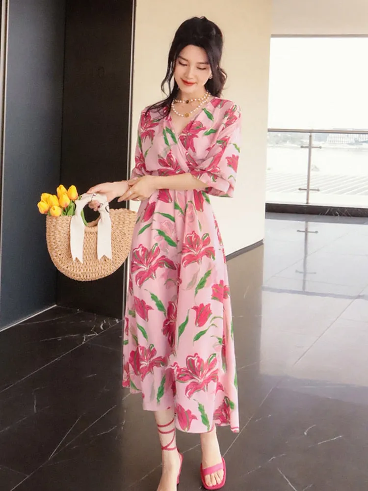 Elegant Printing Dresses For Women V Neck Flare Sleeve Tunic Patchwork Folds Casual Dress Female Fashion Clothing