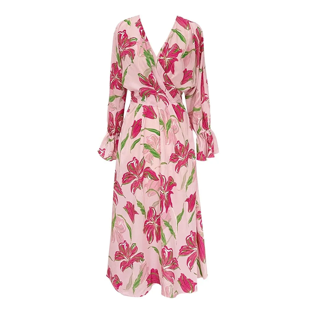 Elegant Printing Dresses For Women V Neck Flare Sleeve Tunic Patchwork Folds Casual Dress Female Fashion Clothing
