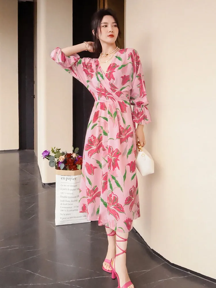 Elegant Printing Dresses For Women V Neck Flare Sleeve Tunic Patchwork Folds Casual Dress Female Fashion Clothing