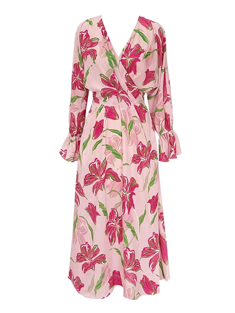 Elegant Printing Dresses For Women V Neck Flare Sleeve Tunic Patchwork Folds Casual Dress Female Fashion Clothing