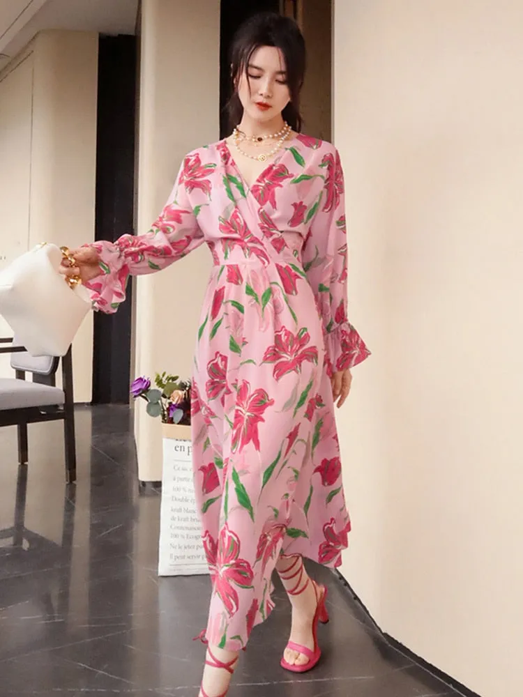 Elegant Printing Dresses For Women V Neck Flare Sleeve Tunic Patchwork Folds Casual Dress Female Fashion Clothing