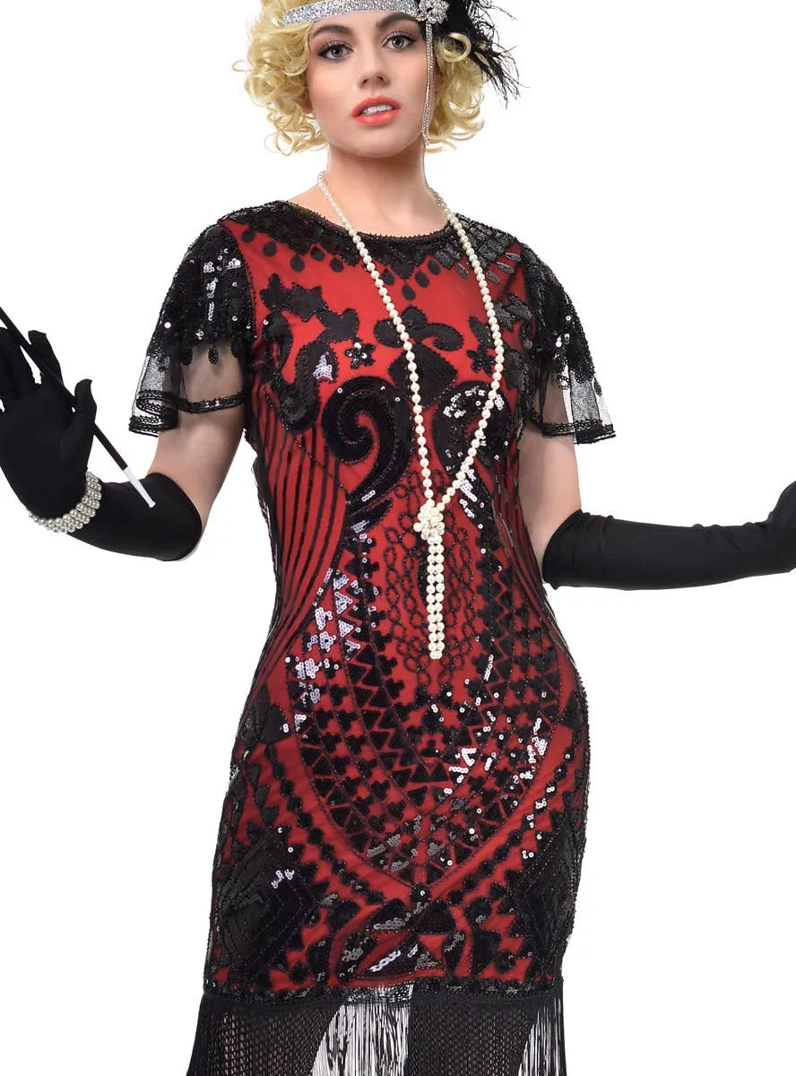 Fancy 1920s Red and Black Gatsby Dress Costume with Mesh Sleeves
