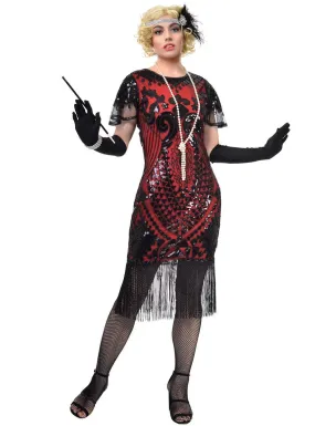 Fancy 1920s Red and Black Gatsby Dress Costume with Mesh Sleeves