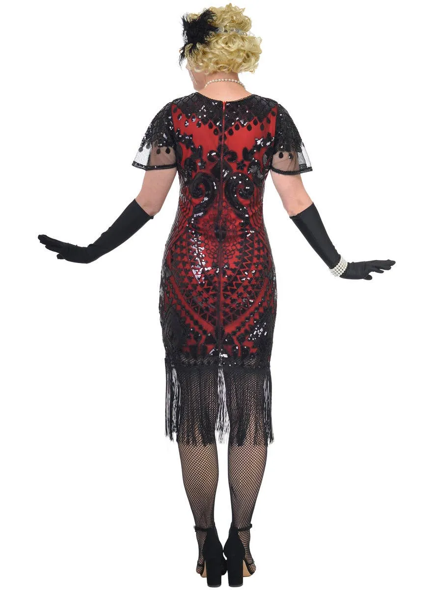 Fancy 1920s Red and Black Gatsby Dress Costume with Mesh Sleeves