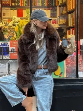 Fashionkova Christmas Gift Outfit Vintage Solid Color Lapel Collar Warm Faux Fur Jacket Fashion Full Sleeve Fluffy Short Coat New Woman Winter Commuter Outerwear