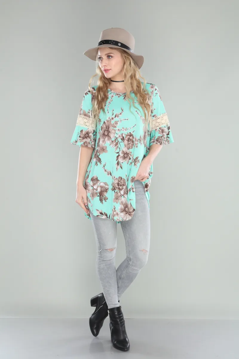 Floral bell sleeve tunic with croche