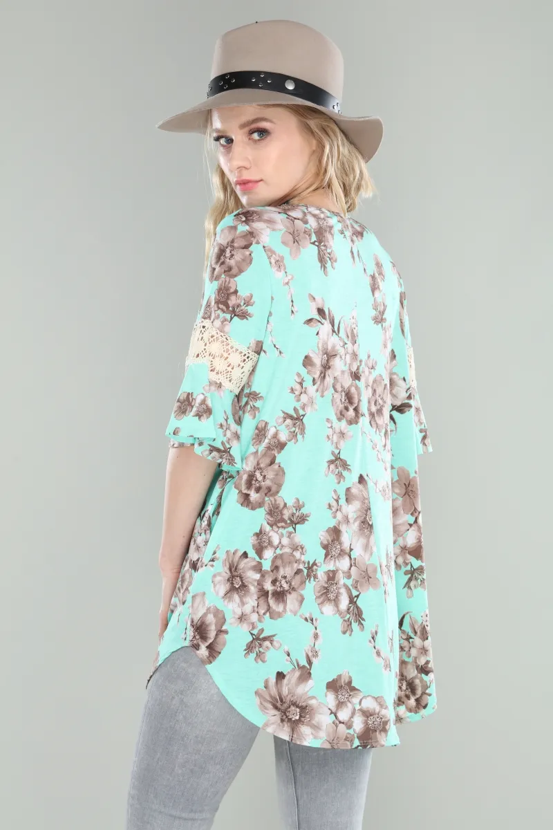 Floral bell sleeve tunic with croche
