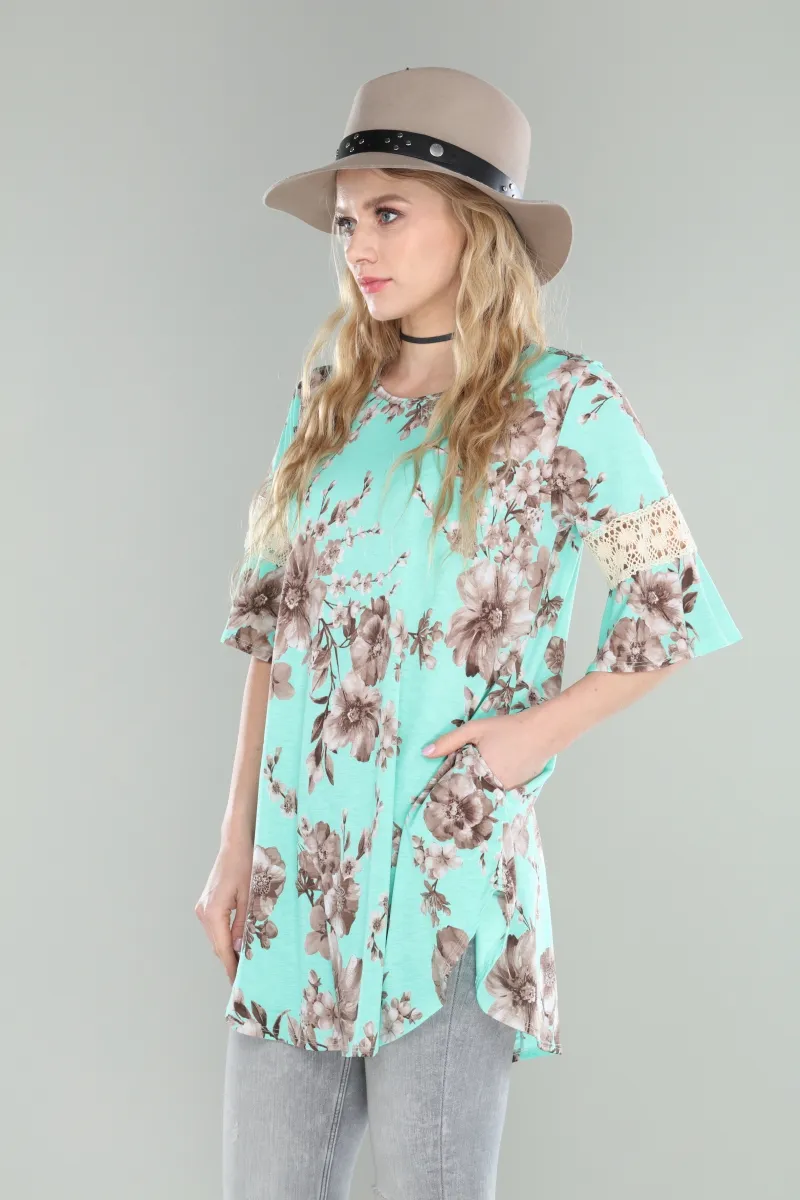 Floral bell sleeve tunic with croche