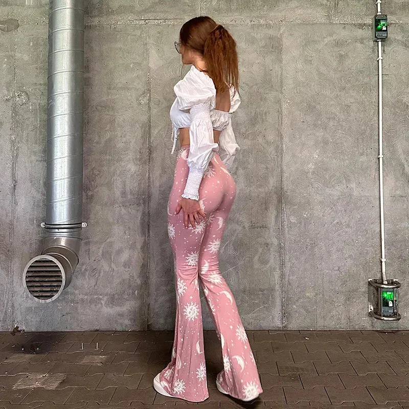 Flytonn-Women's Abstract Print High Waist Flared Pants, Ladies Yoga Pants, Casual Pants, European Style, New, Autumn and Winter, 2024