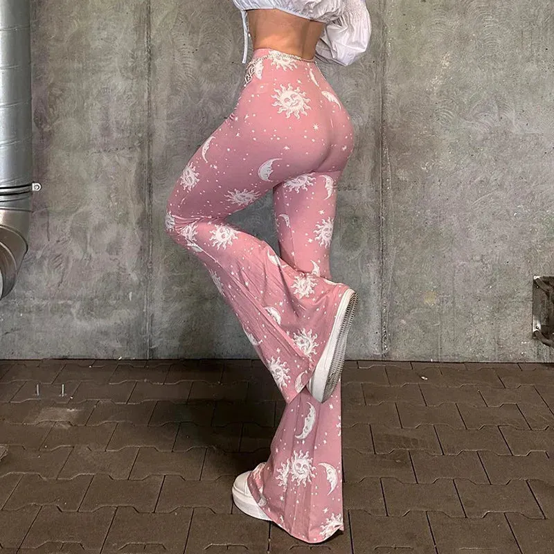 Flytonn-Women's Abstract Print High Waist Flared Pants, Ladies Yoga Pants, Casual Pants, European Style, New, Autumn and Winter, 2024