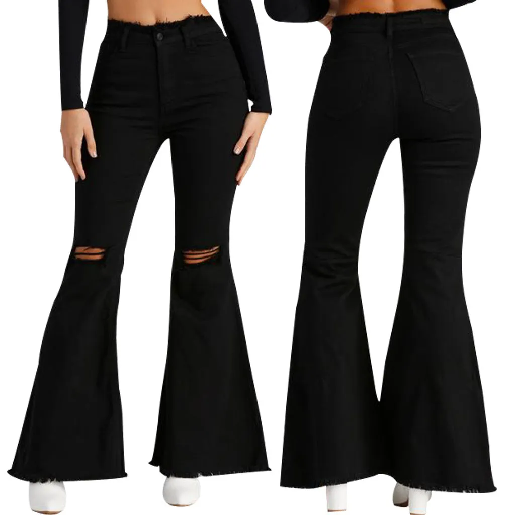 Flytonnshop business casual outfits Fashion Wide Leg Knee Ripped Denim Flared Pants