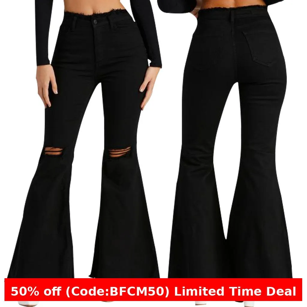 Flytonnshop business casual outfits Fashion Wide Leg Knee Ripped Denim Flared Pants