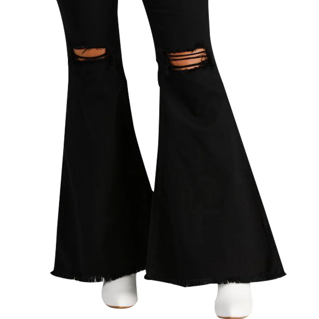 Flytonnshop business casual outfits Fashion Wide Leg Knee Ripped Denim Flared Pants