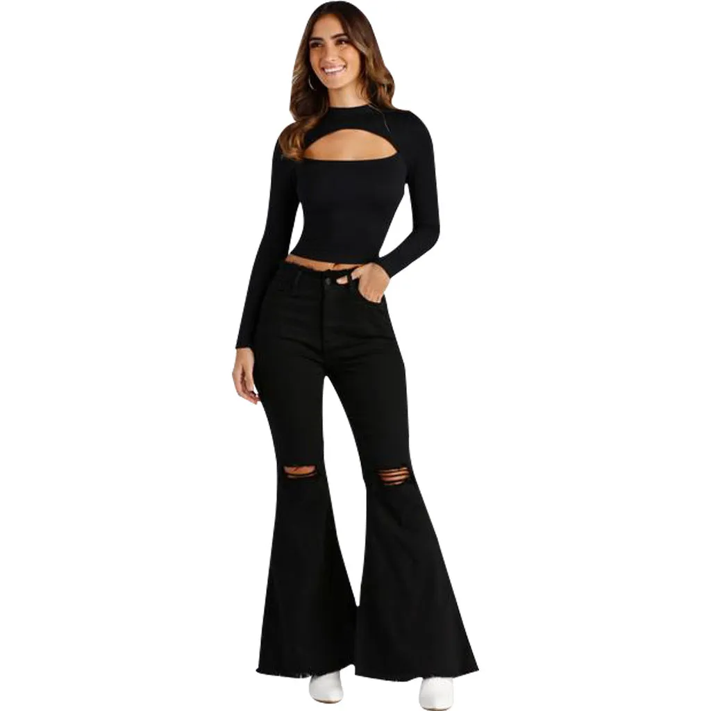Flytonnshop business casual outfits Fashion Wide Leg Knee Ripped Denim Flared Pants
