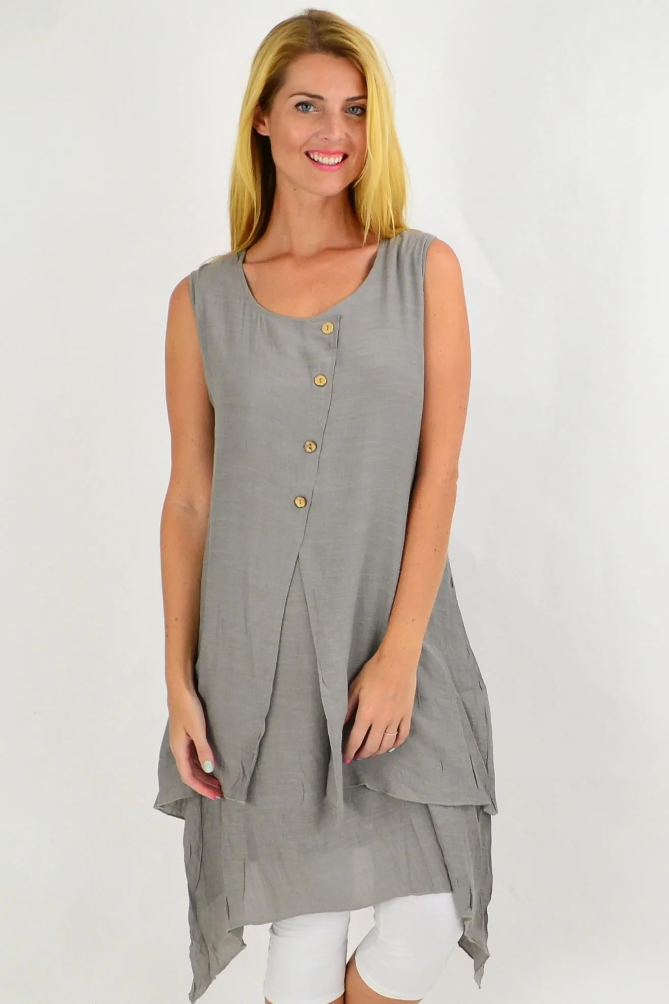 Grey Button Overlay Summer Tunic Dress