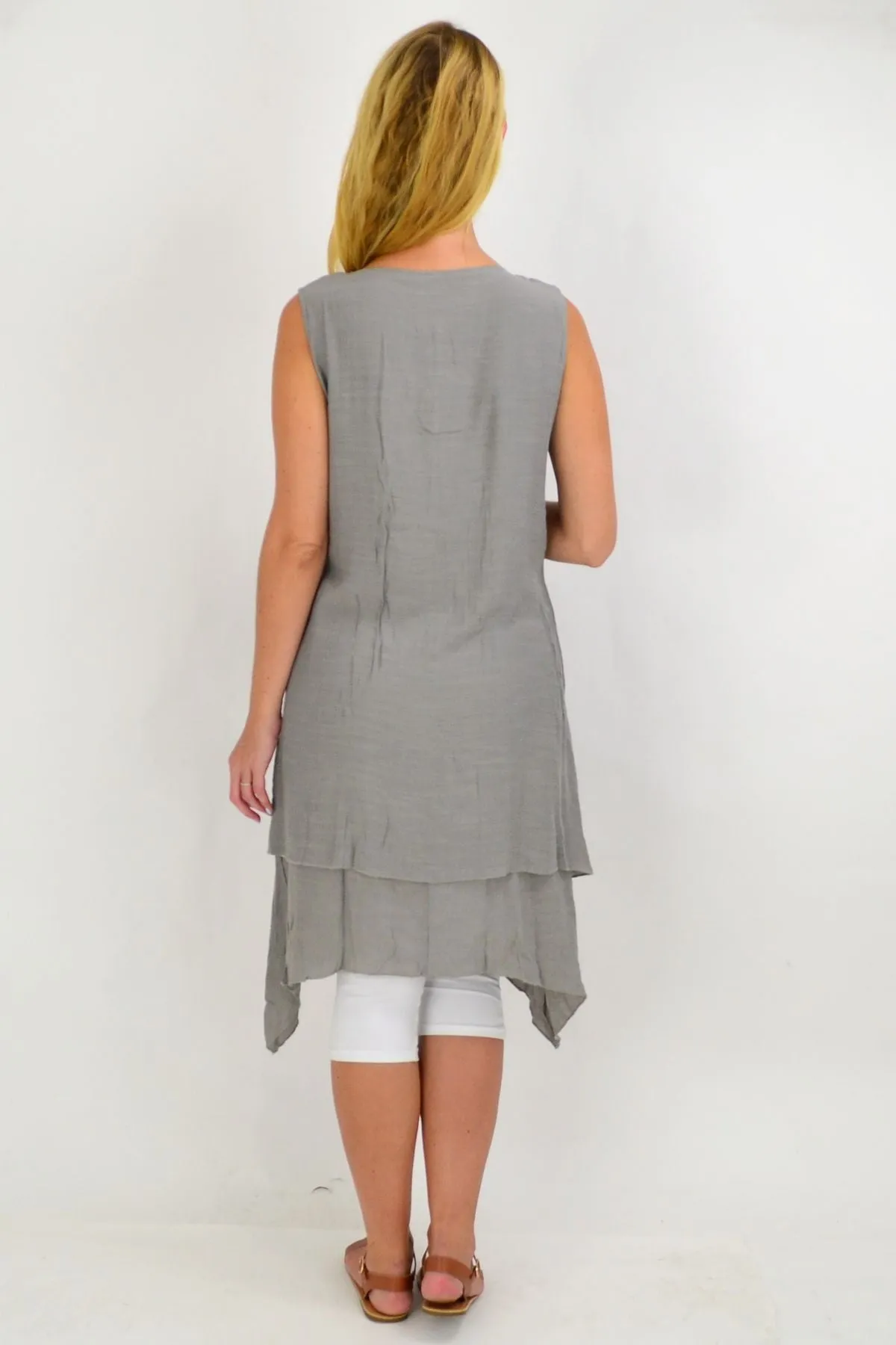 Grey Button Overlay Summer Tunic Dress