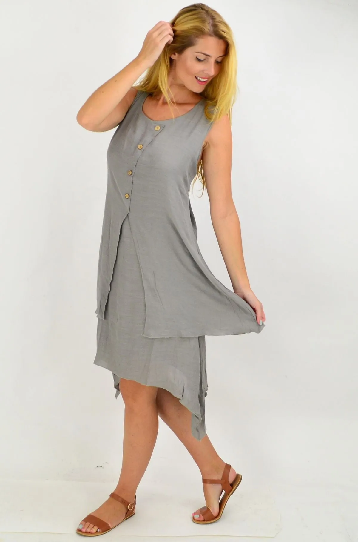 Grey Button Overlay Summer Tunic Dress