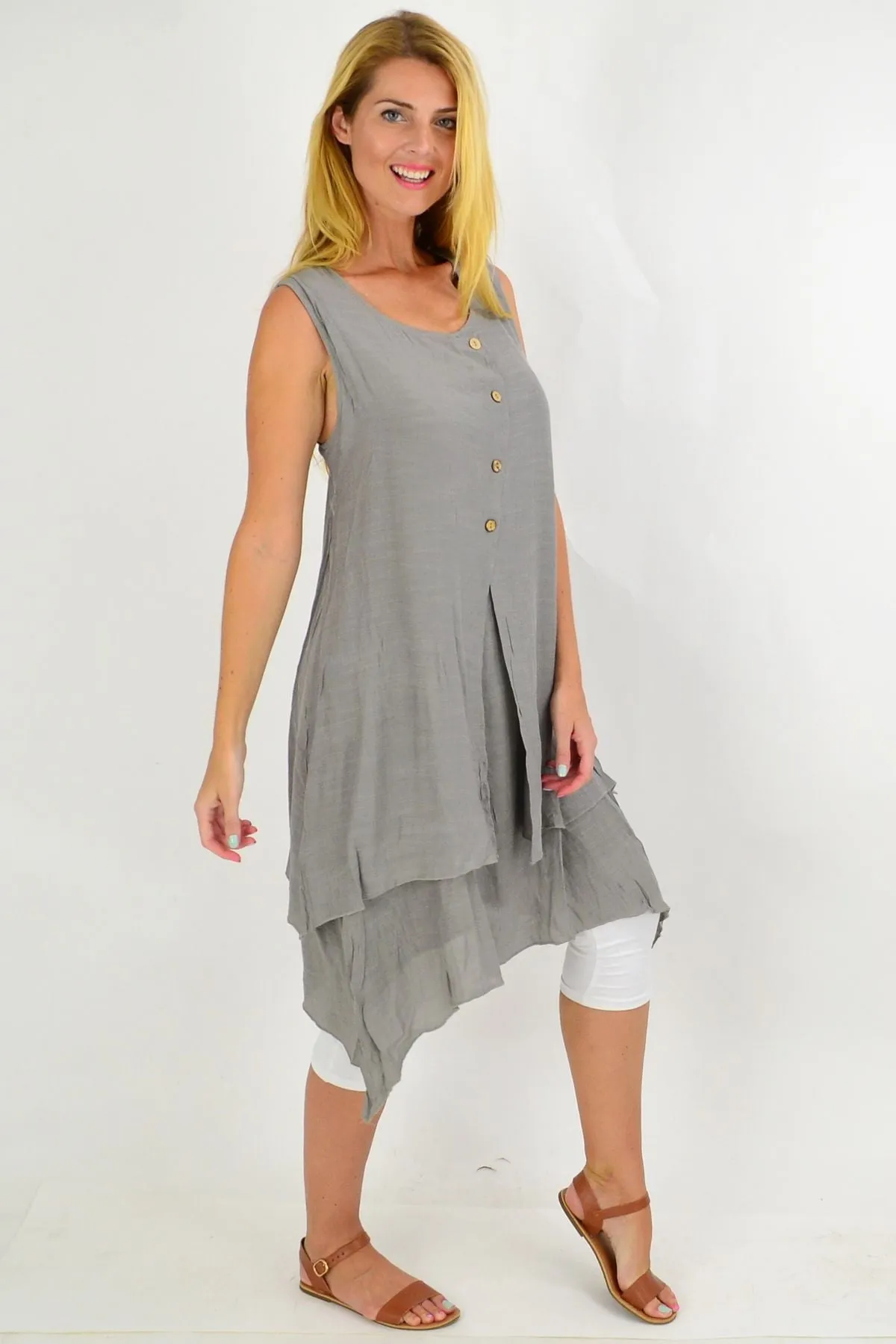 Grey Button Overlay Summer Tunic Dress