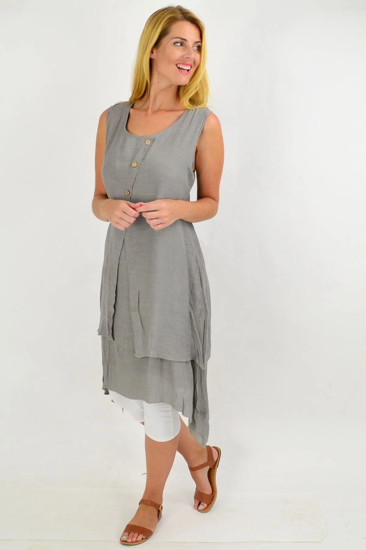 Grey Button Overlay Summer Tunic Dress