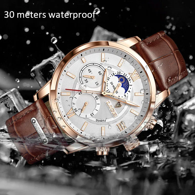 LIGE Watches Mens Top Brand Luxury Clock Casual Leathe 24 Hour Moon Phase Men Watch Sport Waterproof Quartz Chronograph Box