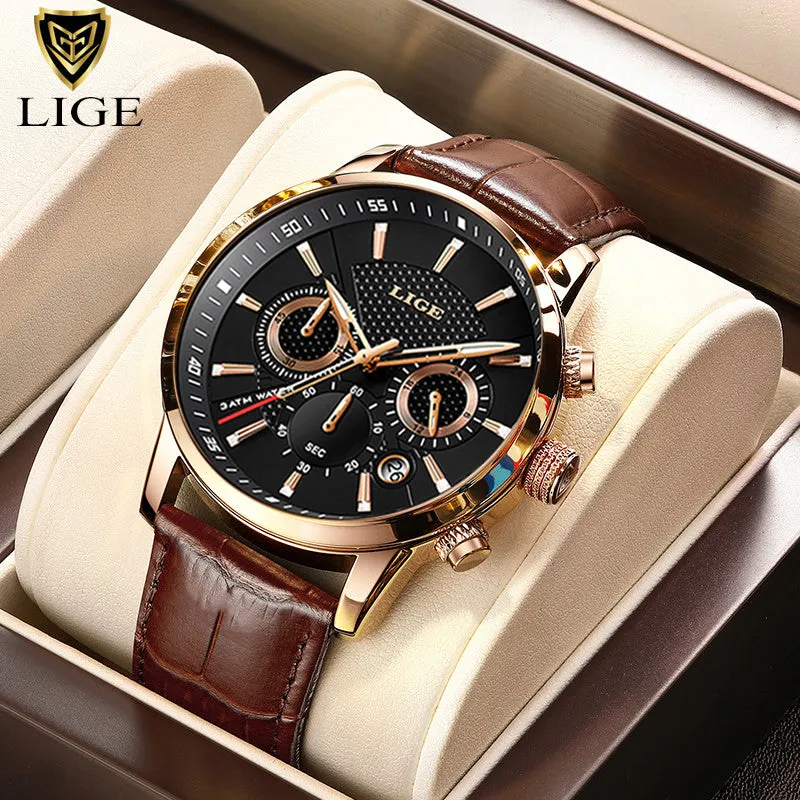 LIGE Watches Mens Top Brand Luxury Clock Casual Leathe 24 Hour Moon Phase Men Watch Sport Waterproof Quartz Chronograph Box