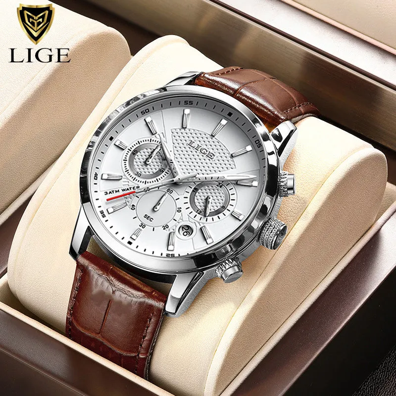 LIGE Watches Mens Top Brand Luxury Clock Casual Leathe 24 Hour Moon Phase Men Watch Sport Waterproof Quartz Chronograph Box
