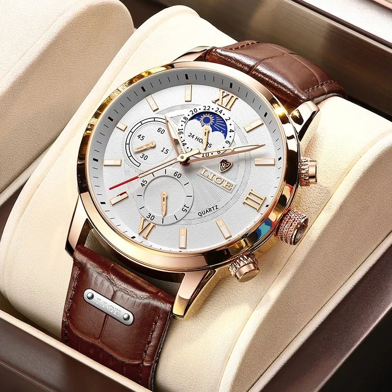 LIGE Watches Mens Top Brand Luxury Clock Casual Leathe 24 Hour Moon Phase Men Watch Sport Waterproof Quartz Chronograph Box