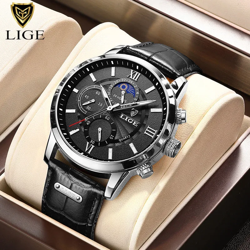LIGE Watches Mens Top Brand Luxury Clock Casual Leathe 24 Hour Moon Phase Men Watch Sport Waterproof Quartz Chronograph Box