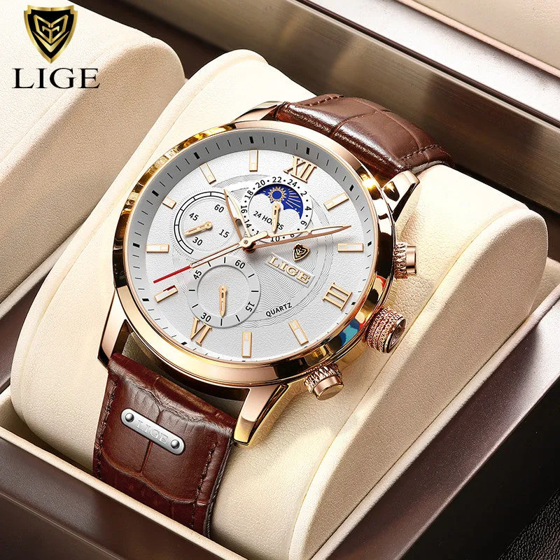 LIGE Watches Mens Top Brand Luxury Clock Casual Leathe 24 Hour Moon Phase Men Watch Sport Waterproof Quartz Chronograph Box
