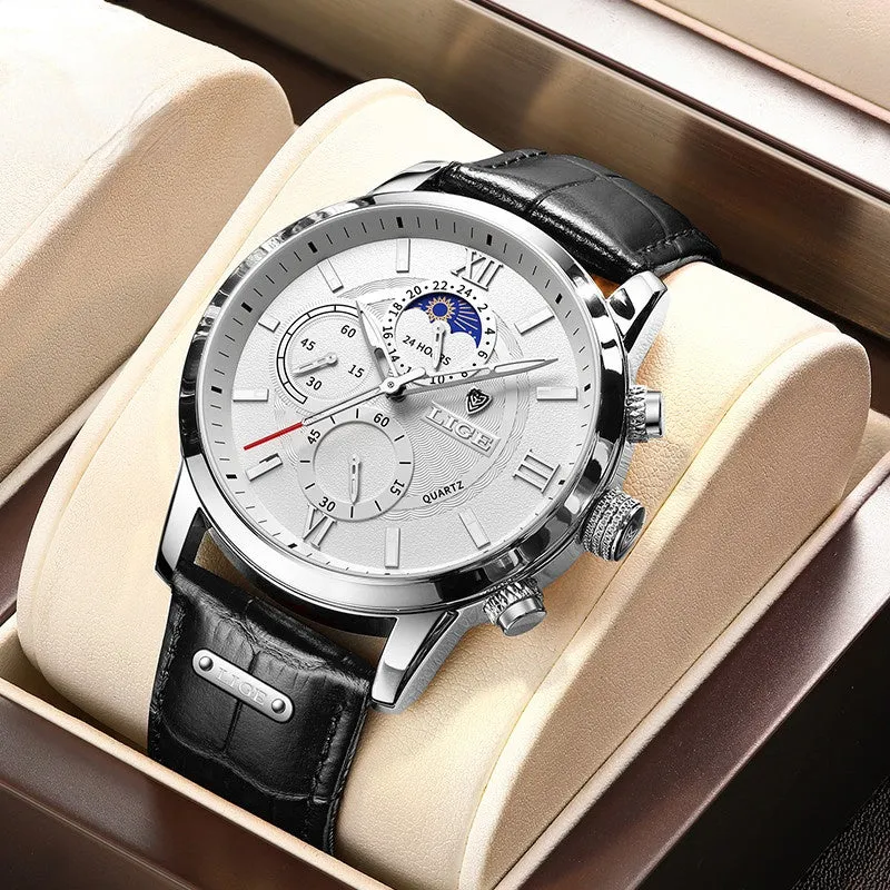 LIGE Watches Mens Top Brand Luxury Clock Casual Leathe 24 Hour Moon Phase Men Watch Sport Waterproof Quartz Chronograph Box