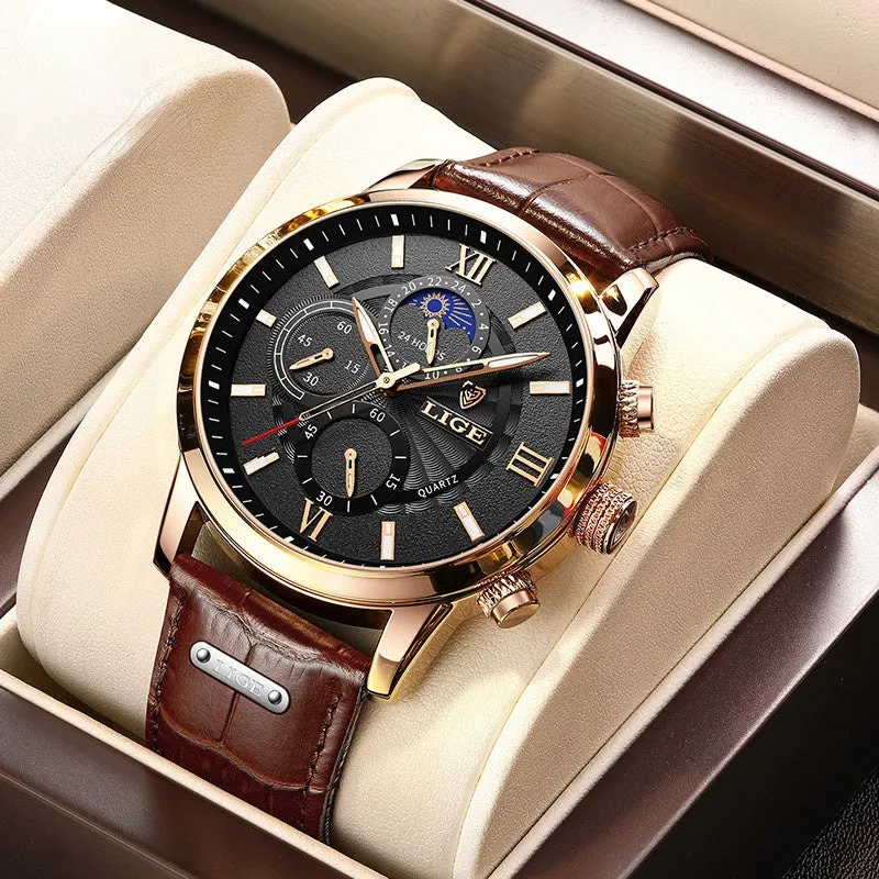 LIGE Watches Mens Top Brand Luxury Clock Casual Leathe 24 Hour Moon Phase Men Watch Sport Waterproof Quartz Chronograph Box