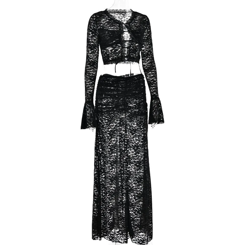 Long flared sleeve lace see through maxi skirt set