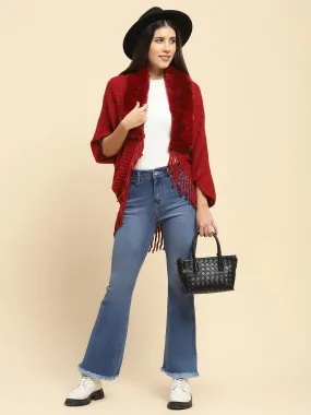 Maroon Acrylic Knitted Relaxed Fit Cape