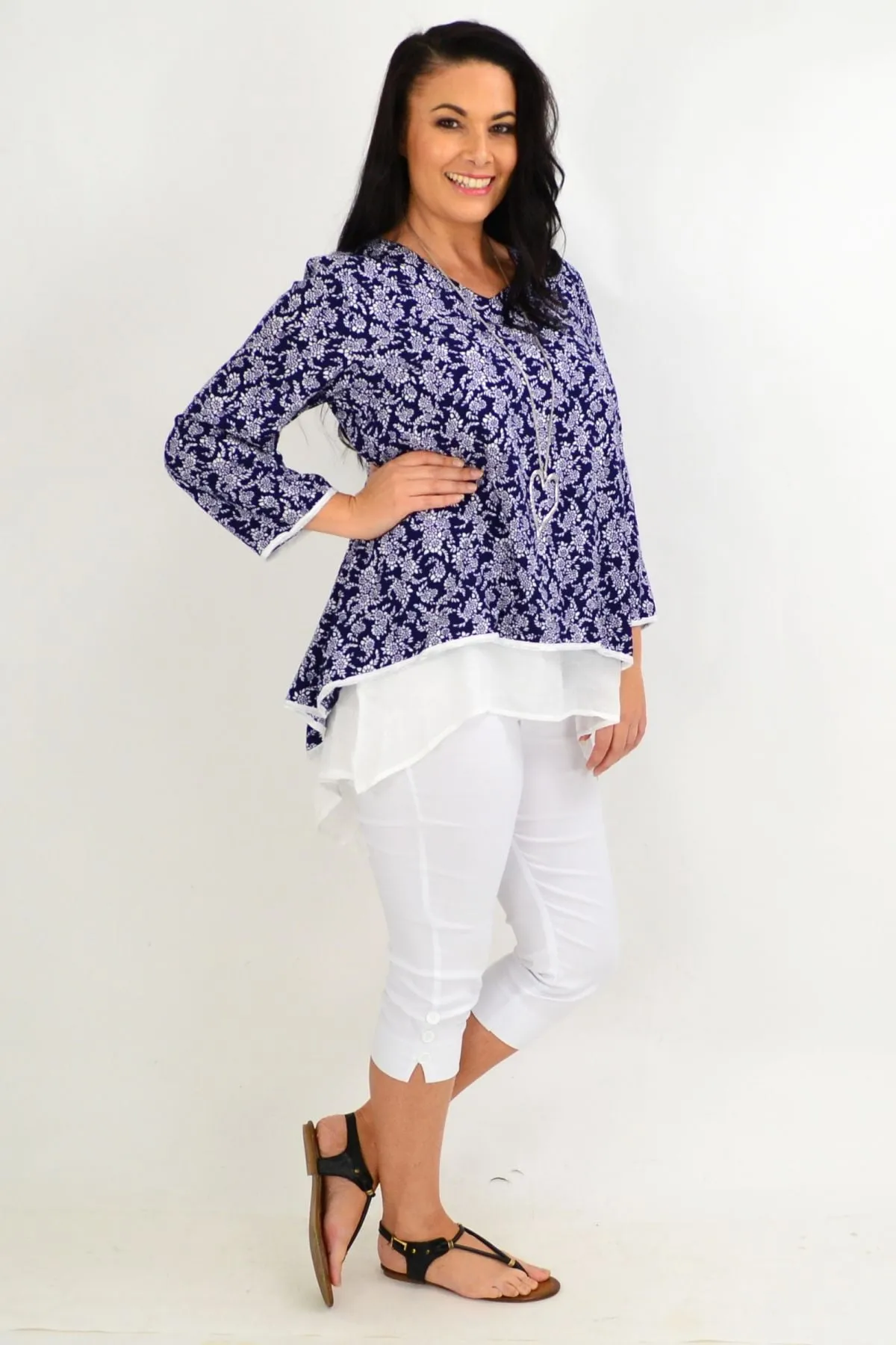 Navy & White Floral Layered Tunic Top