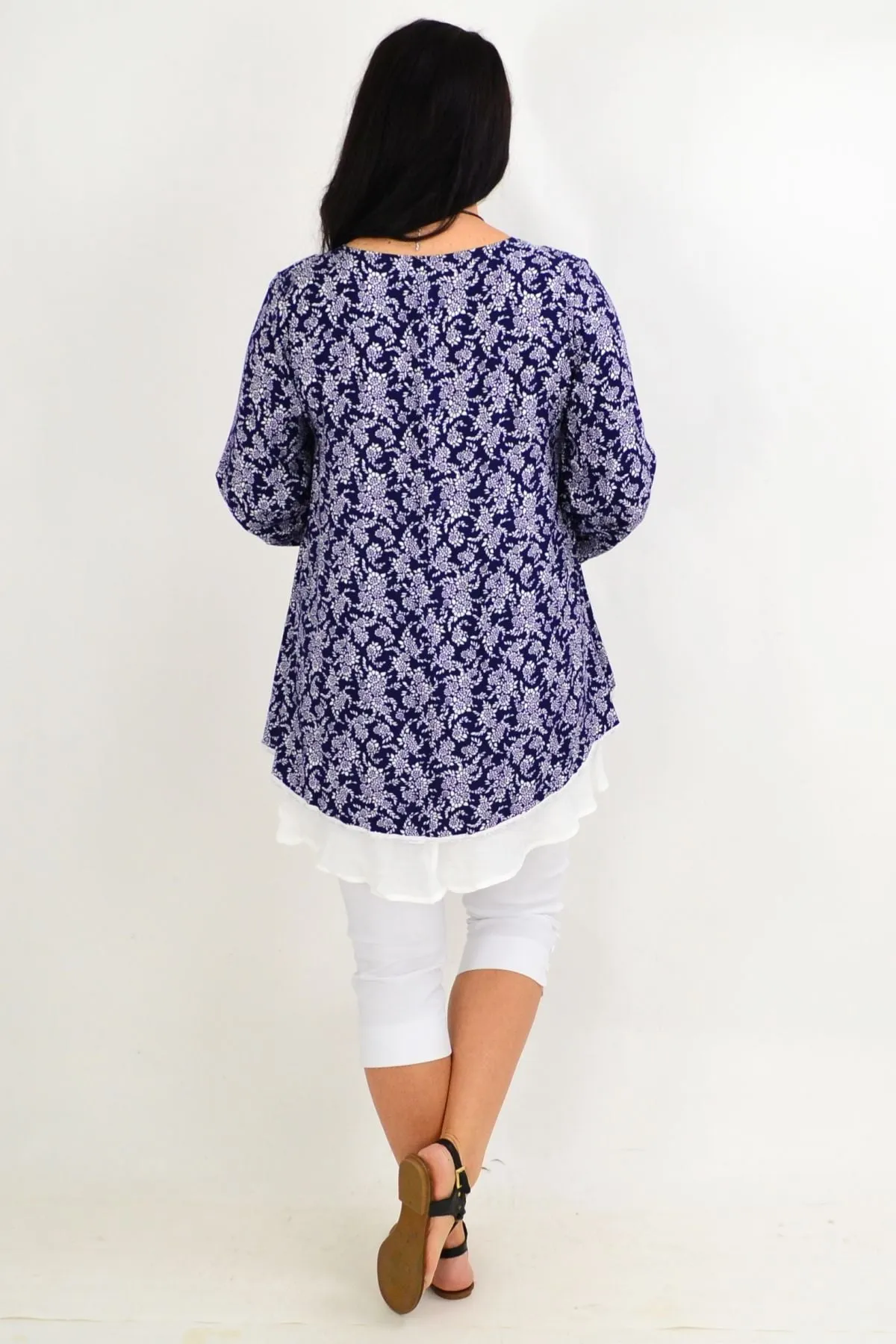 Navy & White Floral Layered Tunic Top