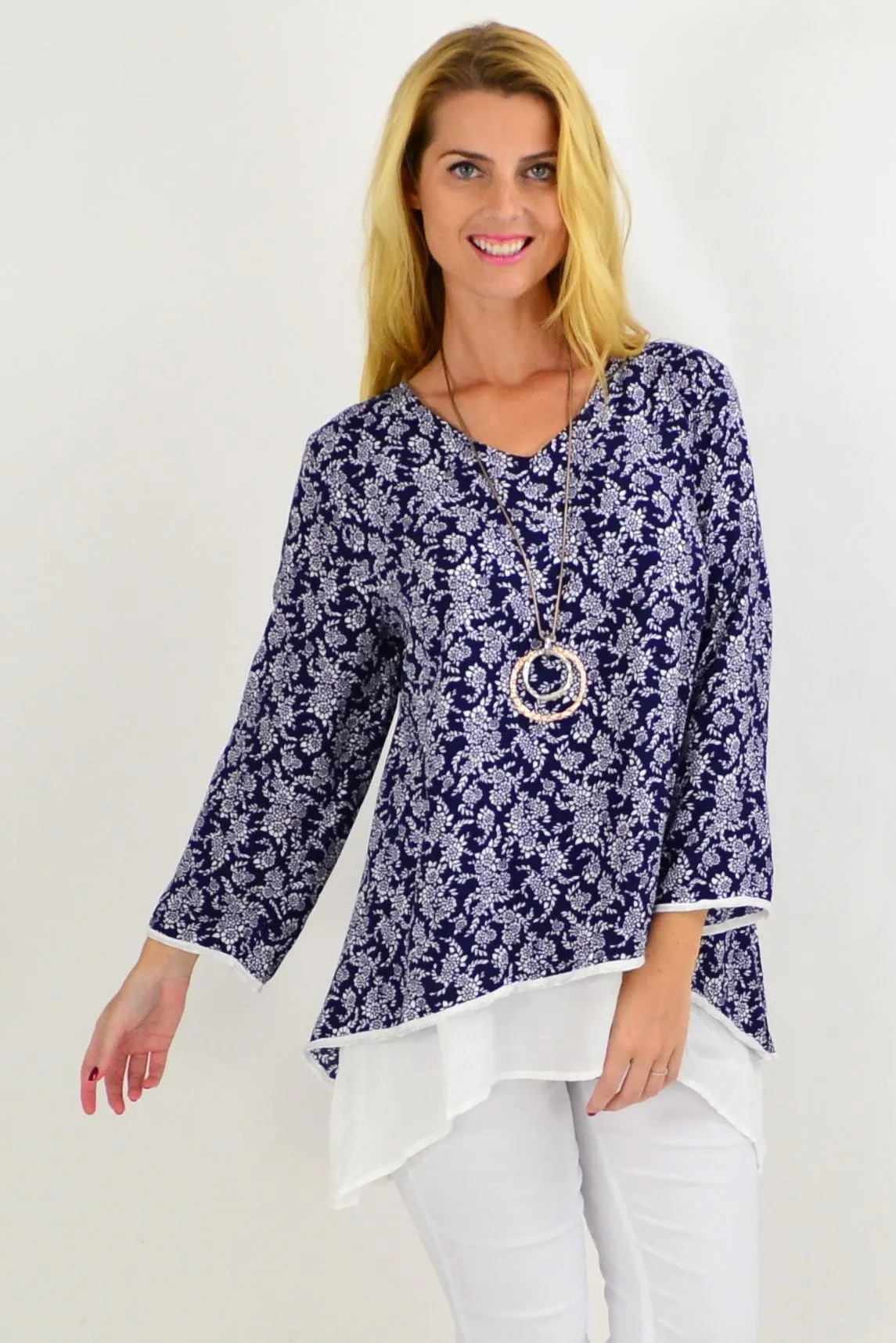 Navy & White Floral Layered Tunic Top