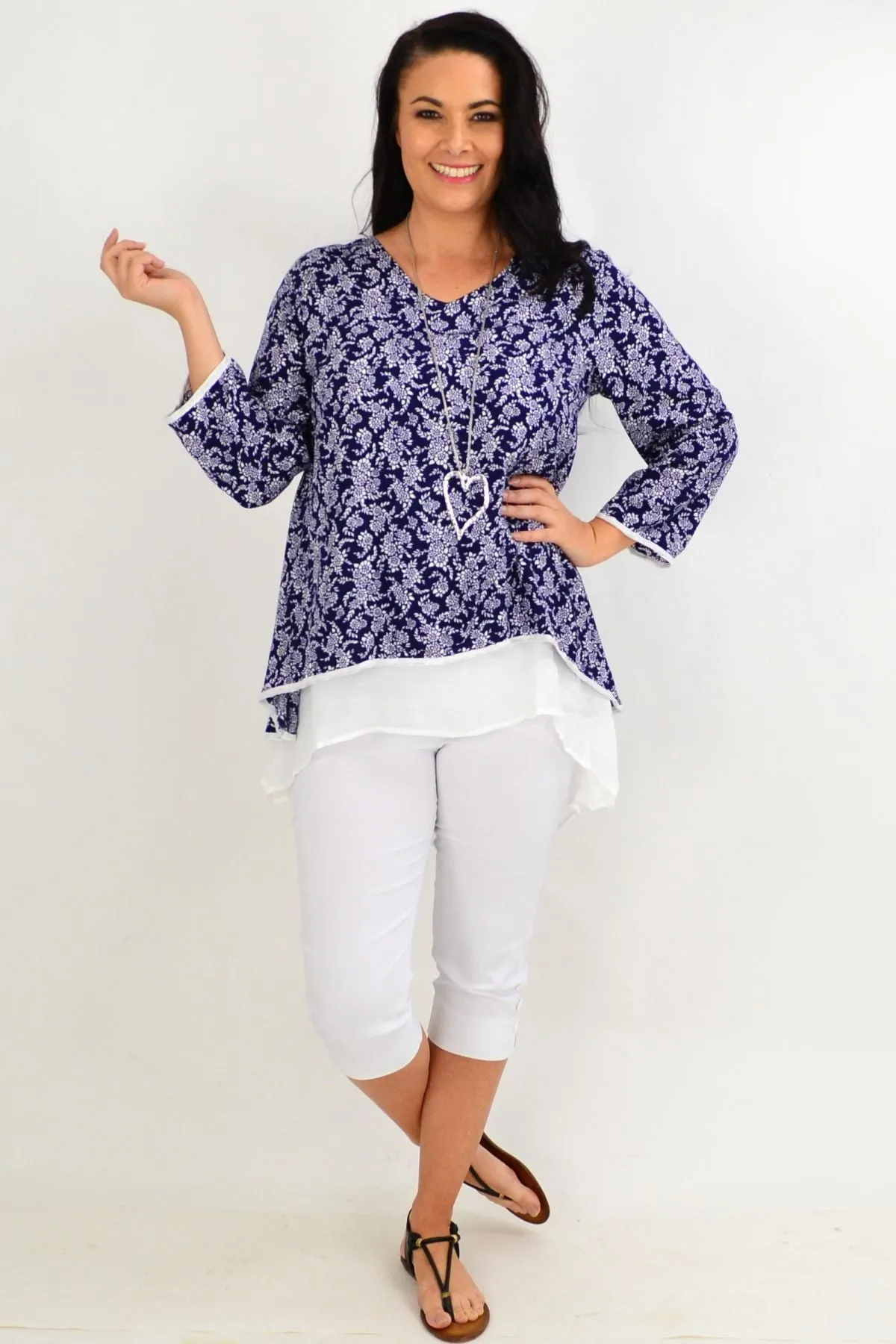 Navy & White Floral Layered Tunic Top