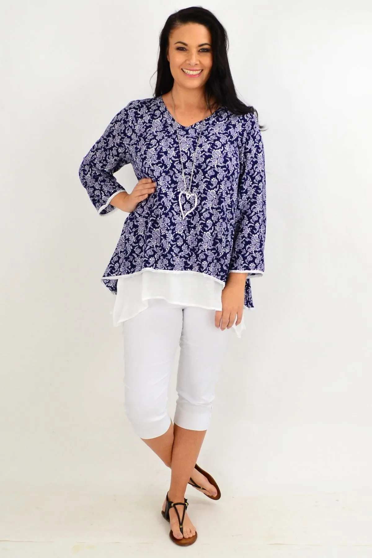 Navy & White Floral Layered Tunic Top