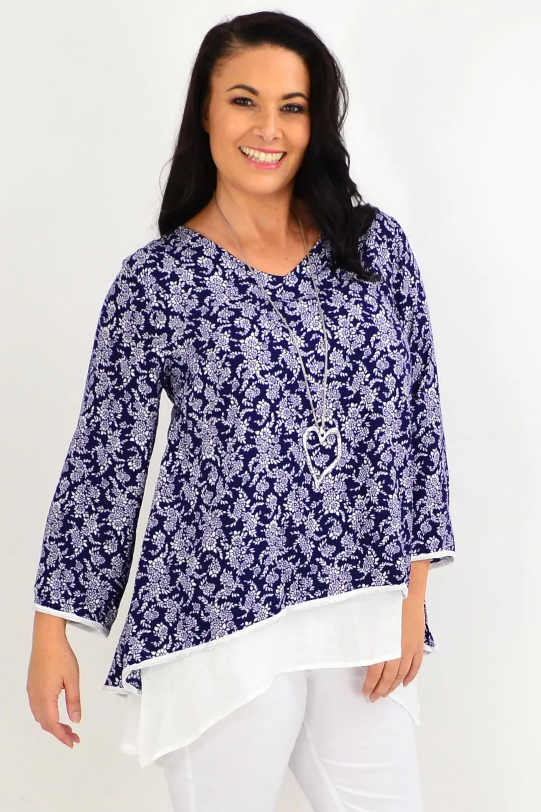Navy & White Floral Layered Tunic Top