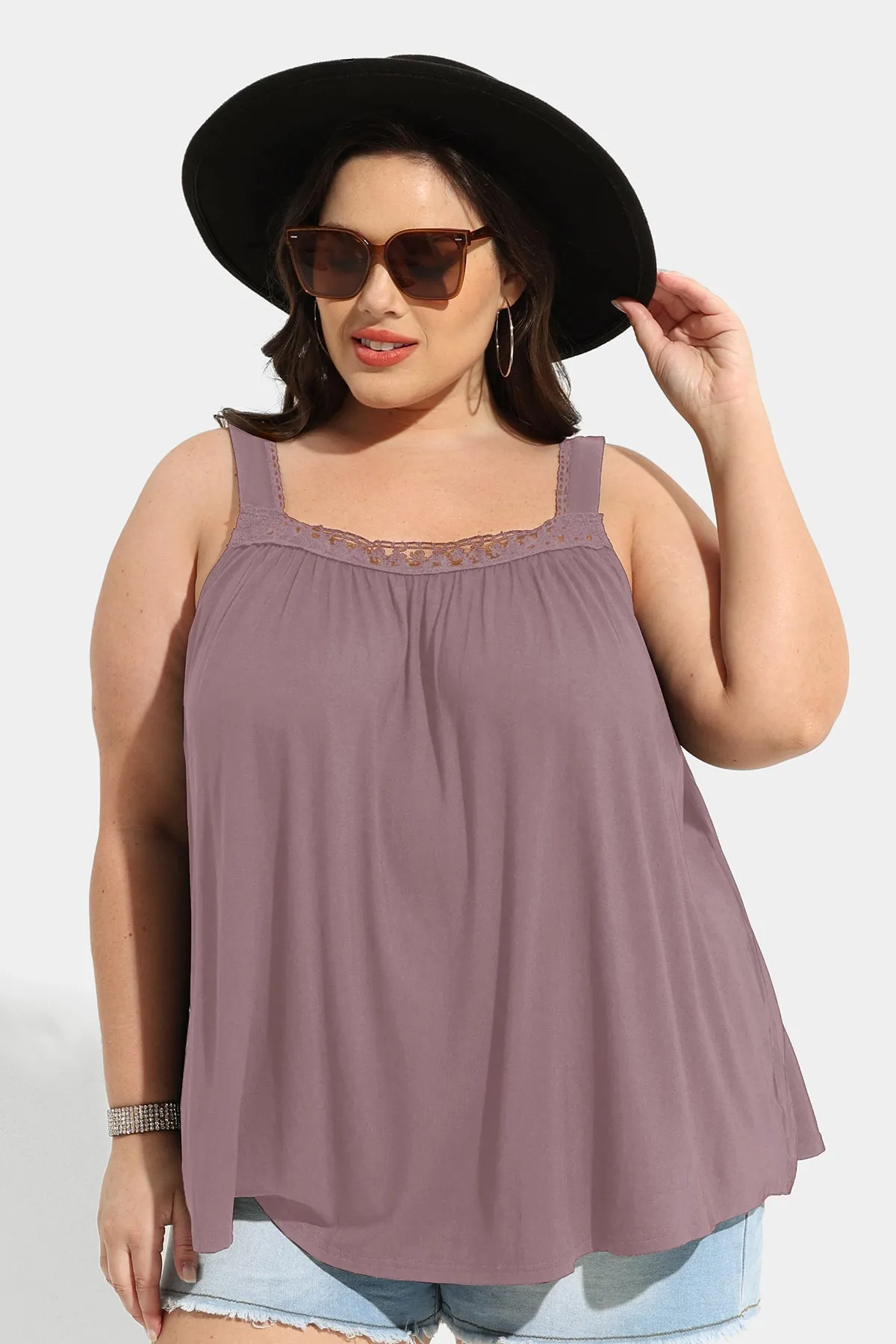 Ritera Sexy Lace Square Neckline Pleated Tunic Tank
